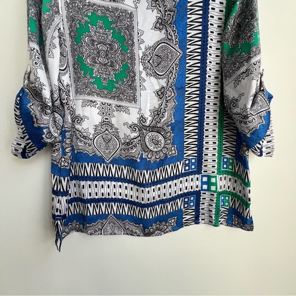 CHICOS 1 M Bandana Patchwork Roll Tab 3/4 Sleeve Blouse Satin Tapestry Scarf - Picture 4 of 11